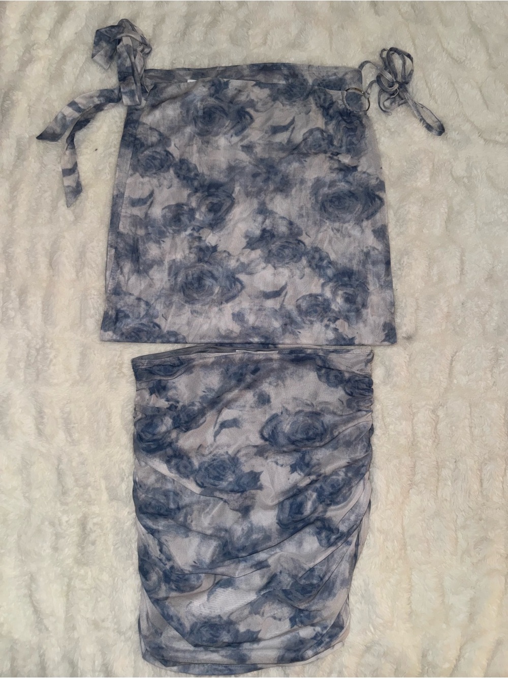Fashion Nova Blue Floral Mesh Bandeau Two-Piece Set